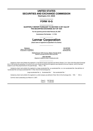 Thumbnail Lennar 10-Q Quarterly Report FY 