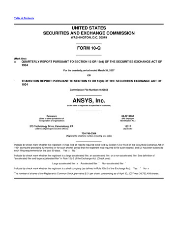 Thumbnail Ansys 10-Q Quarterly Report FY 