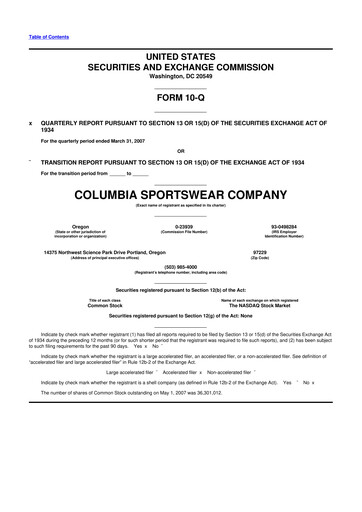 Thumbnail Columbia Sportswear
 10-Q Quarterly Report FY 