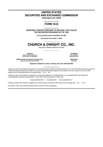 Thumbnail Church & Dwight
 10-Q Quarterly Report FY 
