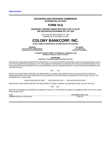 Thumbnail Colony Bankcorp 10-Q Quarterly Report FY 