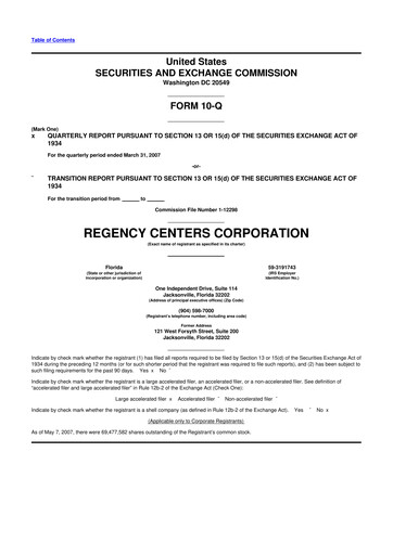 Thumbnail Regency Centers
 10-Q Quarterly Report FY 