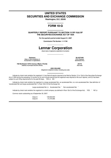 Thumbnail Lennar 10-Q Quarterly Report FY 