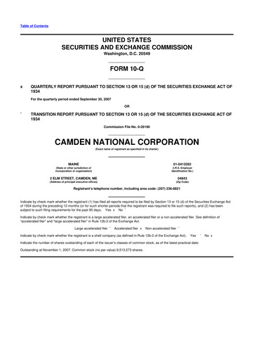 Thumbnail Camden National Corporation
 10-Q Quarterly Report FY 