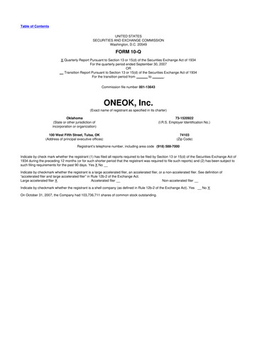 Thumbnail Oneok 10-Q Quarterly Report FY 