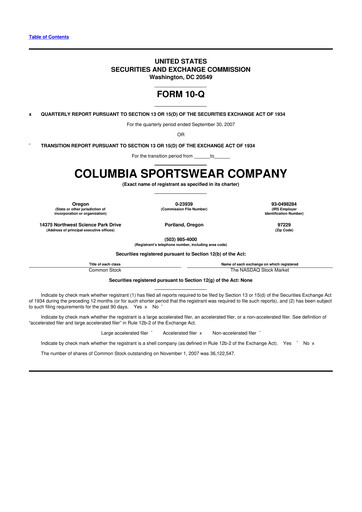 Thumbnail Columbia Sportswear
 10-Q Quarterly Report FY 