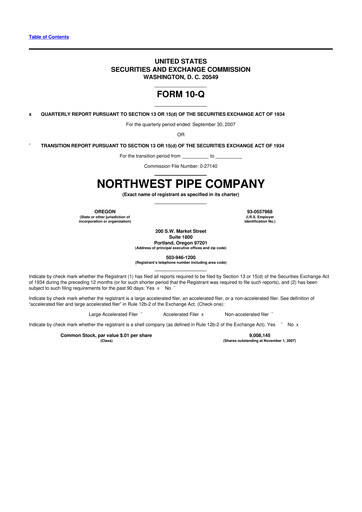 Miniature Northwest Pipe Company
 10-Q Rapport trimestriel  