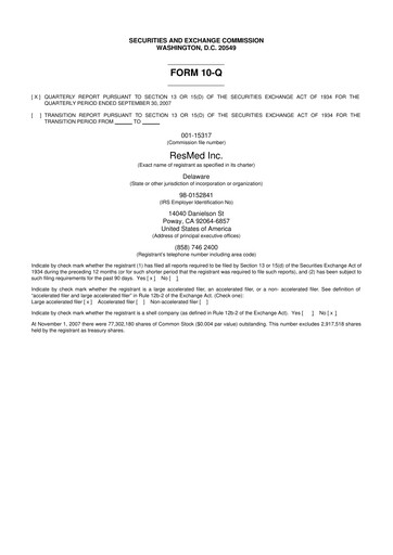 Thumbnail ResMed 10-Q Quarterly Report FY 