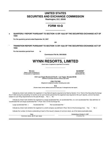 Thumbnail Wynn Resorts
 10-Q Quarterly Report FY 