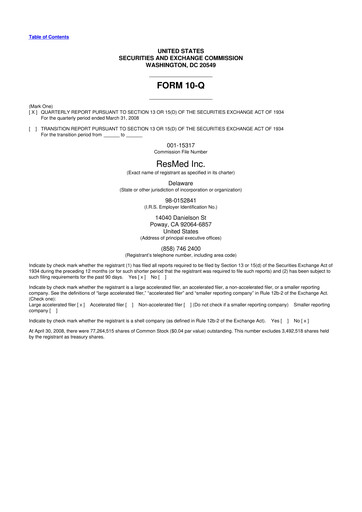 Thumbnail ResMed 10-Q Quarterly Report FY 