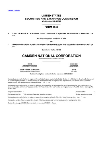 Thumbnail Camden National Corporation
 10-Q Quarterly Report FY 