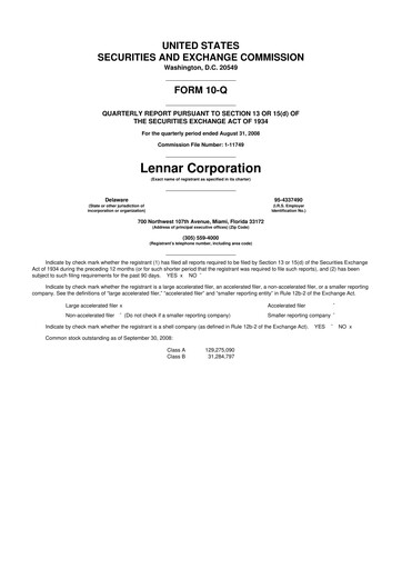 Thumbnail Lennar 10-Q Quarterly Report FY 