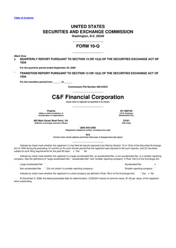 Thumbnail C&F Financial Corporation

 10-Q Quarterly Report FY 