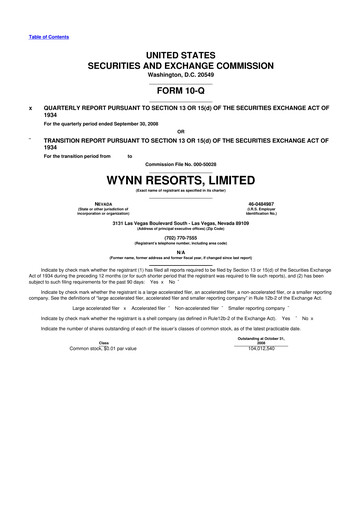 Thumbnail Wynn Resorts
 10-Q Quarterly Report FY 