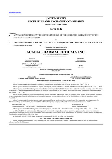 Miniature ACADIA Pharmaceuticals 10-K Rapport annuel 