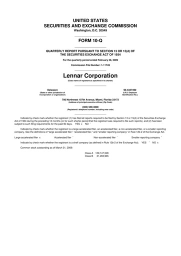 Thumbnail Lennar 10-Q Quarterly Report FY 