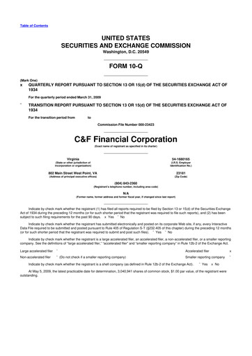 Thumbnail C&F Financial Corporation

 10-Q Quarterly Report FY 