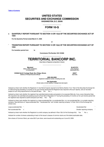 Thumbnail Territorial Bancorp
 10-Q Quarterly Report FY 