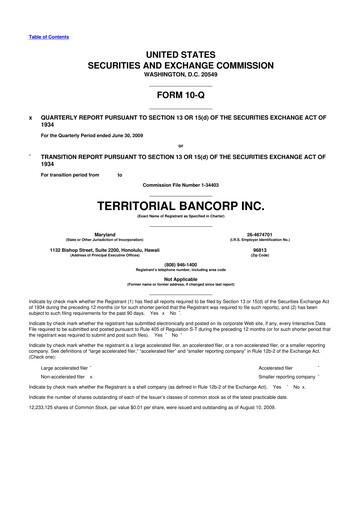 Thumbnail Territorial Bancorp
 10-Q Quarterly Report FY 