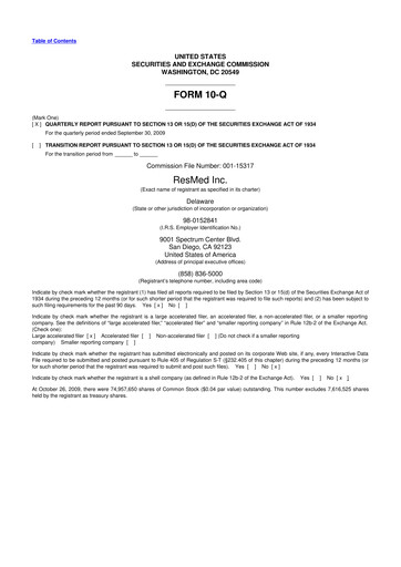 Thumbnail ResMed 10-Q Quarterly Report FY 