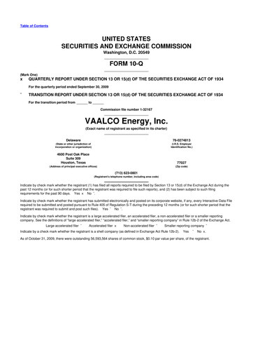 Miniature Vaalco Energy
 10-Q Rapport trimestriel  