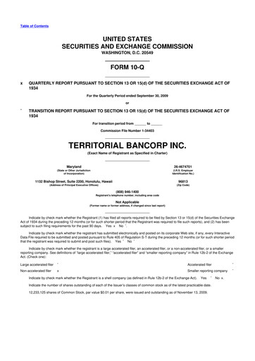 Thumbnail Territorial Bancorp
 10-Q Quarterly Report FY 