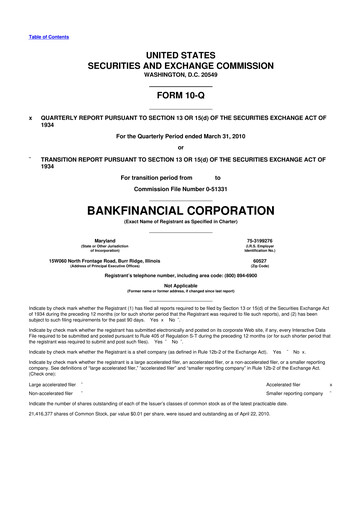 Thumbnail BankFinancial 10-Q Quarterly Report FY 