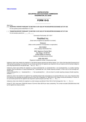 Thumbnail ResMed 10-Q Quarterly Report FY 