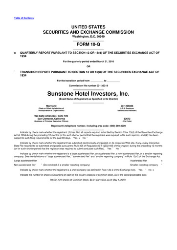 Thumbnail Sunstone Hotel Investors
 10-Q Quarterly Report FY 
