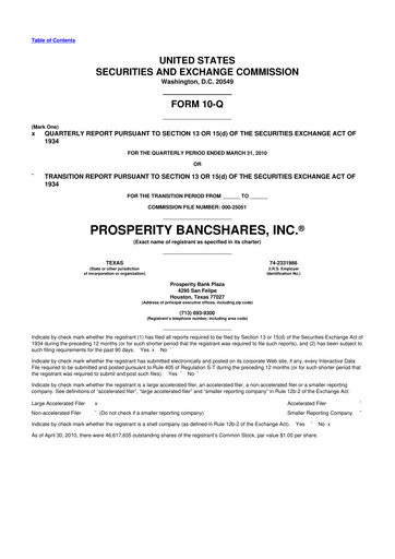 Thumbnail Prosperity Bancshares
 10-Q Quarterly Report FY 