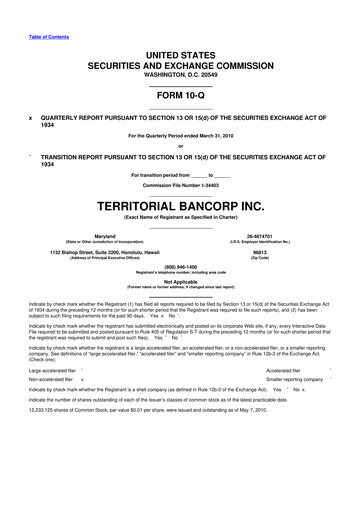 Thumbnail Territorial Bancorp
 10-Q Quarterly Report FY 