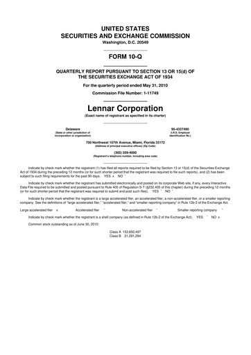 Thumbnail Lennar 10-Q Quarterly Report FY 