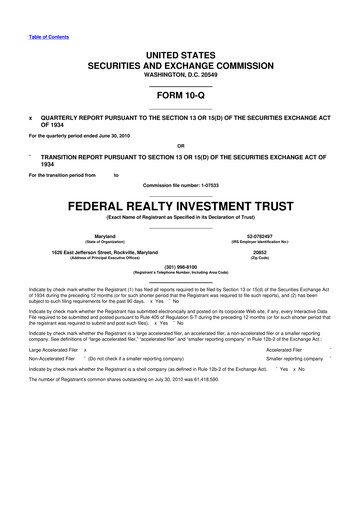 Thumbnail Federal Realty Investment Trust
 10-Q Quarterly Report FY2010 