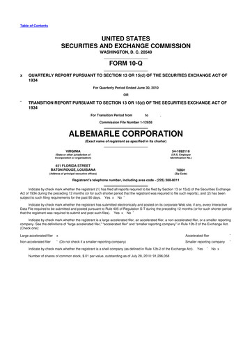 Thumbnail Albemarle 10-Q Quarterly Report FY2010 
