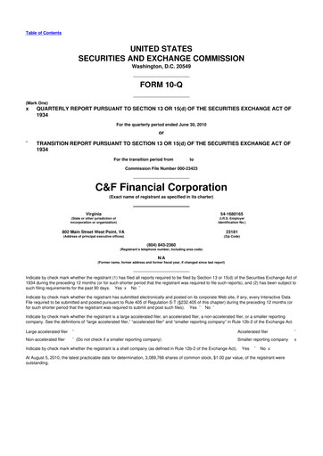 Thumbnail C&F Financial Corporation

 10-Q Quarterly Report FY 