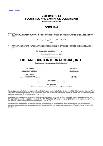 Miniature Oceaneering International
 10-Q Rapport trimestriel  