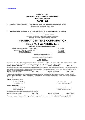 Thumbnail Regency Centers
 10-Q Quarterly Report FY 