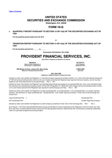 Thumbnail Provident Financial Services 10-Q Quarterly Report FY2010 
