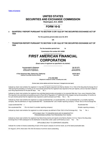 Miniature First American Financial Corporation 10-Q Rapport trimestriel 2010 