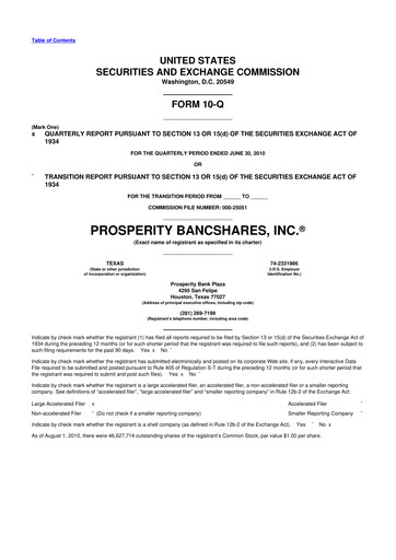 Thumbnail Prosperity Bancshares
 10-Q Quarterly Report FY2010 