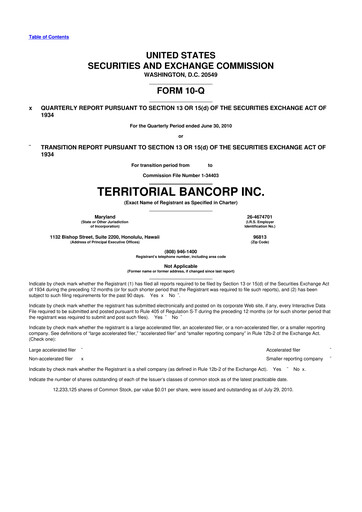 Thumbnail Territorial Bancorp
 10-Q Quarterly Report FY 