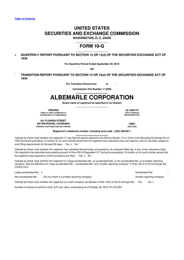 Thumbnail Albemarle 10-Q Quarterly Report FY2010 