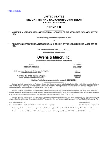 Thumbnail Owens & Minor

 10-Q Quarterly Report FY2010 