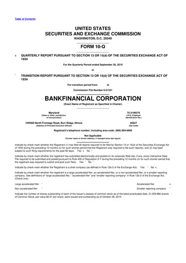 Thumbnail BankFinancial 10-Q Quarterly Report FY 