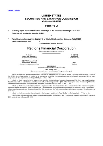 Thumbnail Regions Financial
 10-Q Quarterly Report FY2010 