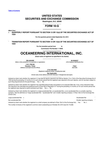 Miniature Oceaneering International
 10-Q Rapport trimestriel  