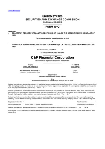 Thumbnail C&F Financial Corporation

 10-Q Quarterly Report FY 
