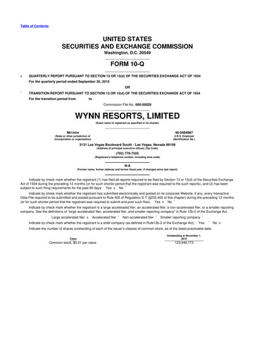 Thumbnail Wynn Resorts
 10-Q Quarterly Report FY2010 