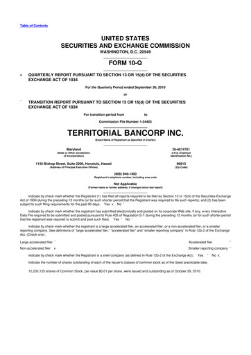 Thumbnail Territorial Bancorp
 10-Q Quarterly Report FY 