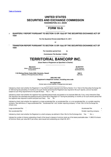 Thumbnail Territorial Bancorp
 10-Q Quarterly Report FY 